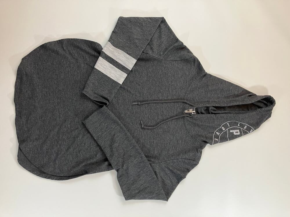 Victoria’s Secret PINK XS Longline Hoodie Gray Love Pink Varsity Stripe 2017
